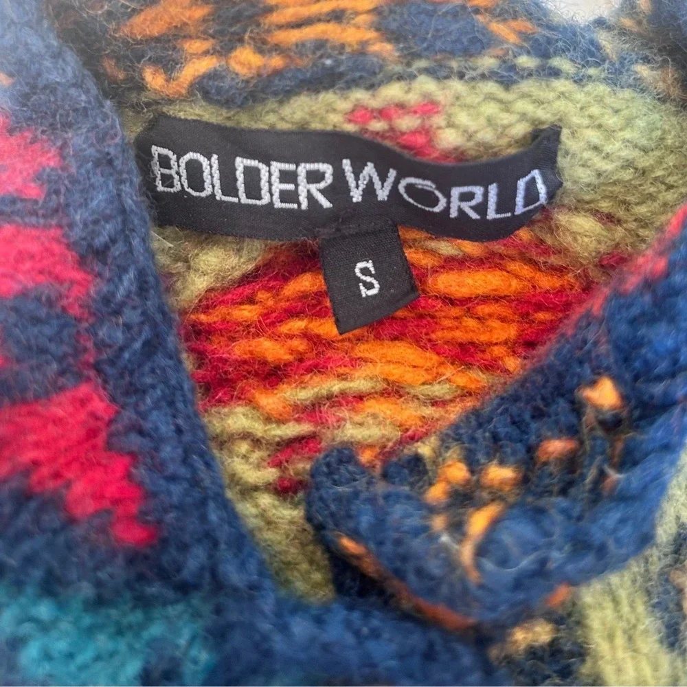Bolder World Womens Wool Cardigan Sweater Green Southwestern Pattern Nepal Small